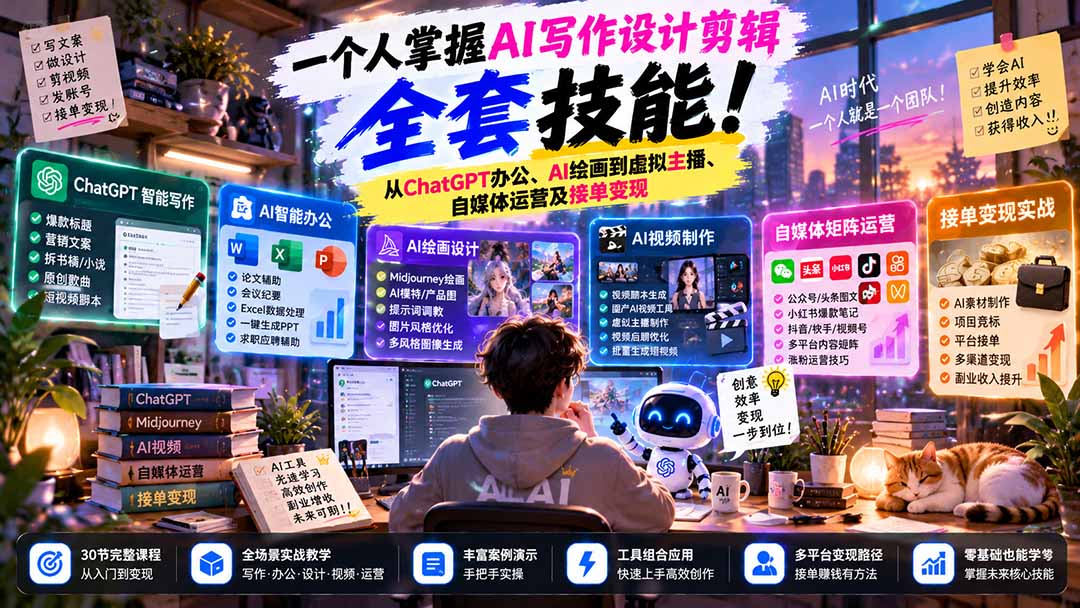 一个人掌握AI写作设计剪辑全套技能：从ChatGPT办公、AI绘画到虚拟主播、自媒体运营及接单变现-聊项目