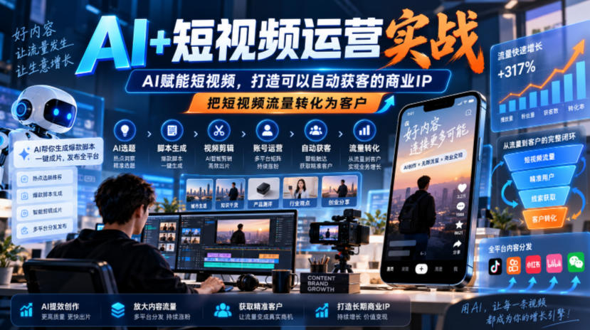 AI+短视频运营实战，AI赋能短视频，打造可以自动获客的商业IP，把短视频流量转化为客户-聊项目