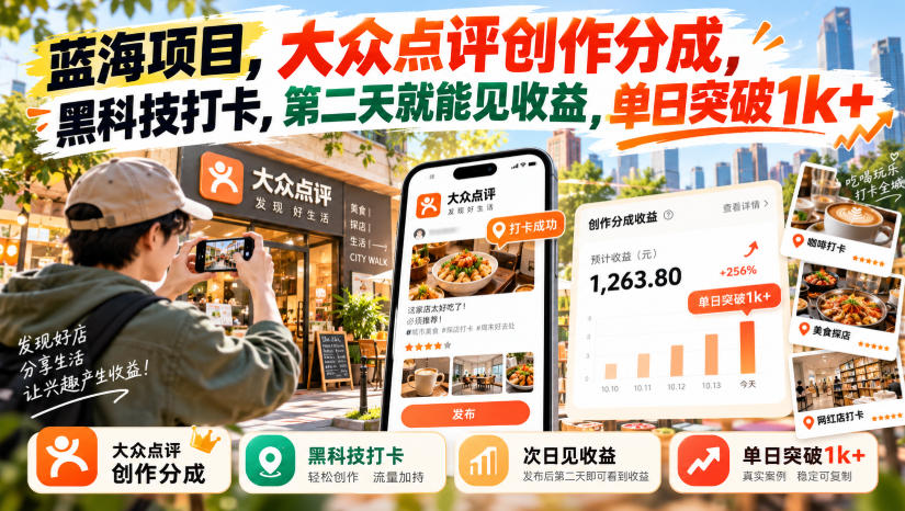 蓝海项目，大众点评创作分成，黑科技打卡，第二天就能见收益，单日突破1k+【揭秘】-聊项目
