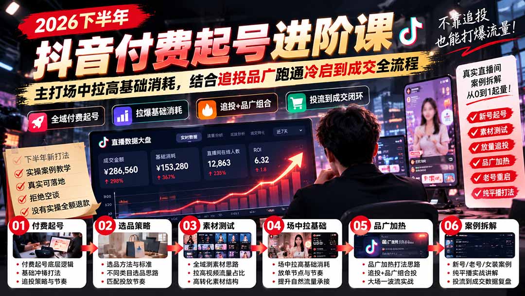 2026下半年抖音付费起号进阶课-更新1019：主打场中拉高基础消耗，结合追投品广跑通冷启到成交全流程-聊项目