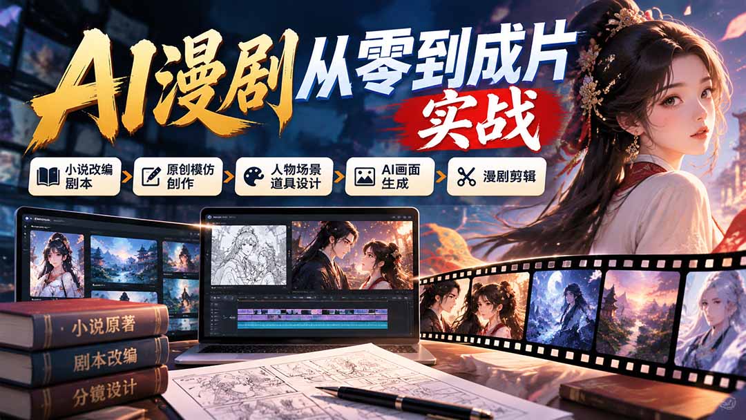 AI漫剧从零到成片实战：小说改编剧本、原创模仿创作、人物场景道具设计、AI画面生成与漫剧剪辑-聊项目