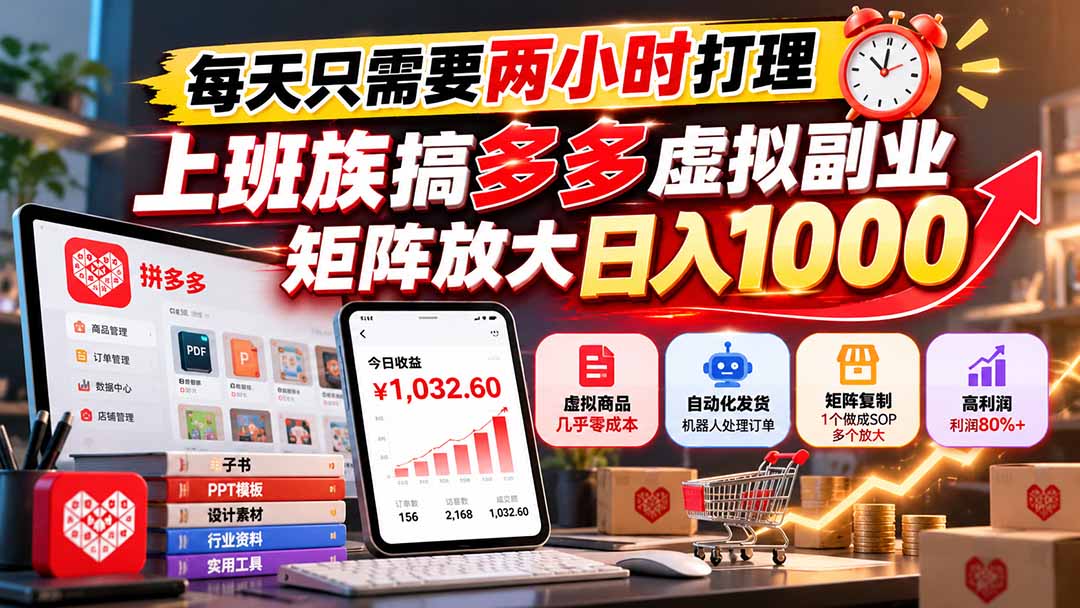每天只需要两小时打理，上班族搞多多虚拟副业，矩阵放大日入 1000-聊项目