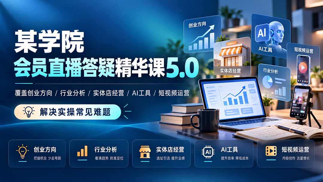 某学院会员直播答疑精华课5.0：覆盖创业方向、行业分析、实体店经营、AI工具和短视频运营，解决实操常见难题！-聊项目