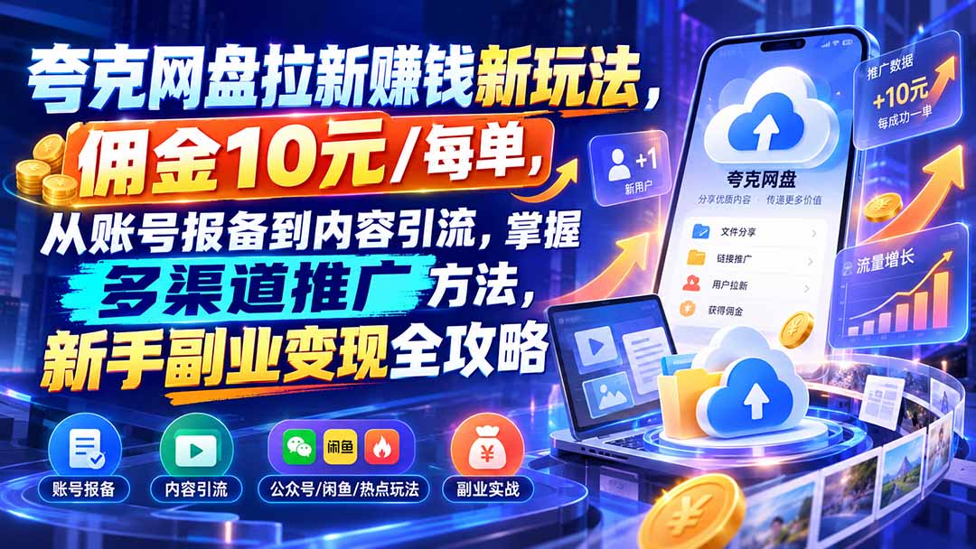 夸克网盘拉新赚钱新玩法，佣金10元/每单，从账号报备到内容引流，掌握多渠道推广方法，新手副业变现全攻略-聊项目