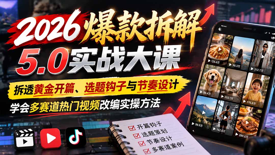 2026爆款拆解5.0实战大课：拆透黄金开篇、选题钩子与节奏设计，学会多赛道热门视频改编实操方法-聊项目