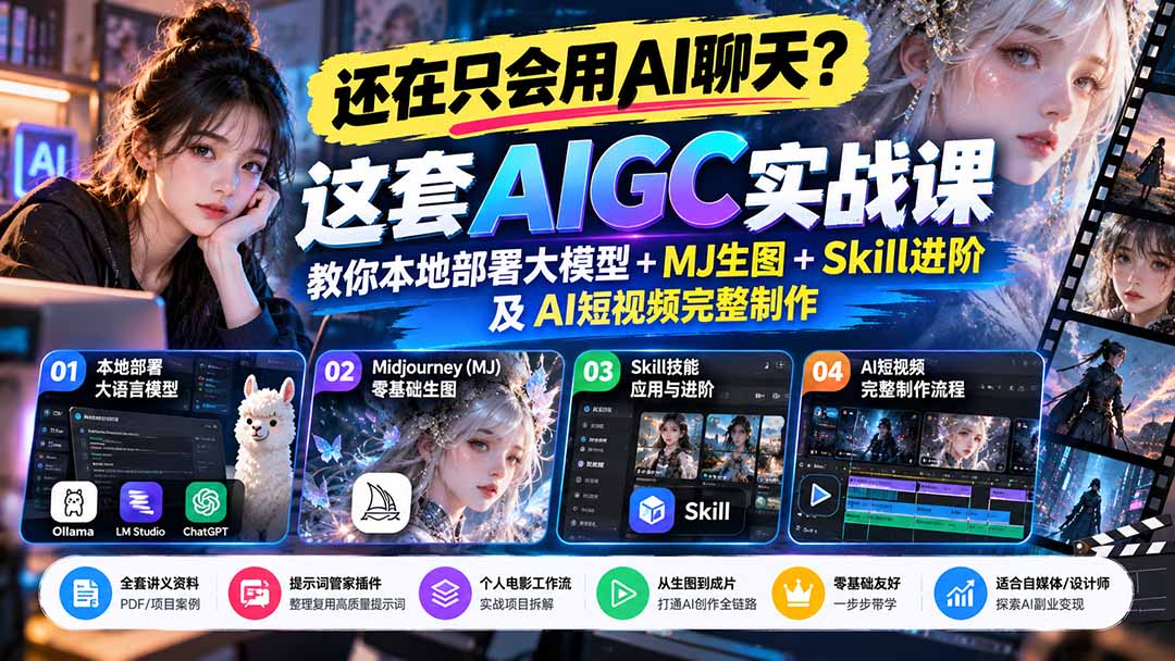【无水印】还在只会用AI聊天？这套AIGC实战课教你本地部署大模型+MJ生图+Skill进阶及AI短视频完整制作-聊项目