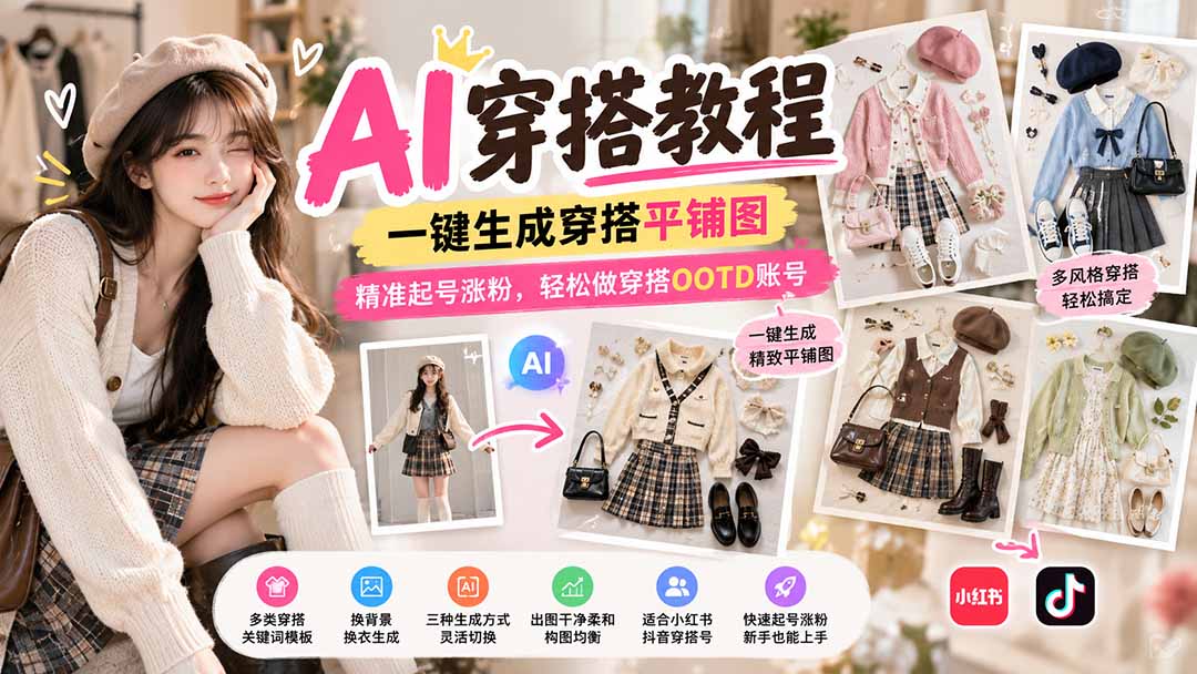【无水印】AI穿搭教程｜一键生成穿搭平铺图，精准起号涨粉，轻松做穿搭OOTD账号-聊项目