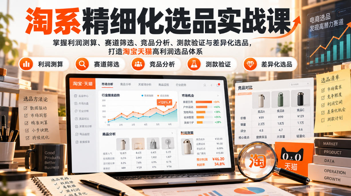 货架电商精细化选品实战课：掌握利润测算、赛道筛选、竞品分析、测款验证与差异化选品，打造淘宝天猫高利润选品体系-聊项目