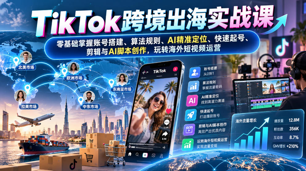TikTok跨境出海实战课:零基础掌握账号搭建、算法规则、AI精准定位、快速起号、剪辑与AI脚本创作,玩转海外短视频运营