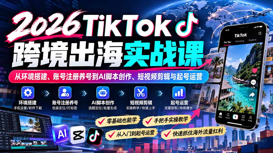 2026TikTok跨境出海实战课：从环境搭建、账号注册养号到AI脚本创作、短视频剪辑与起号运营-聊项目