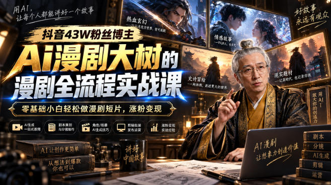 抖音43W粉丝博主Ai漫剧大树的漫剧制作全流程实战课，零基础小白轻松做漫剧短片，涨粉变现(更新1027)-聊项目