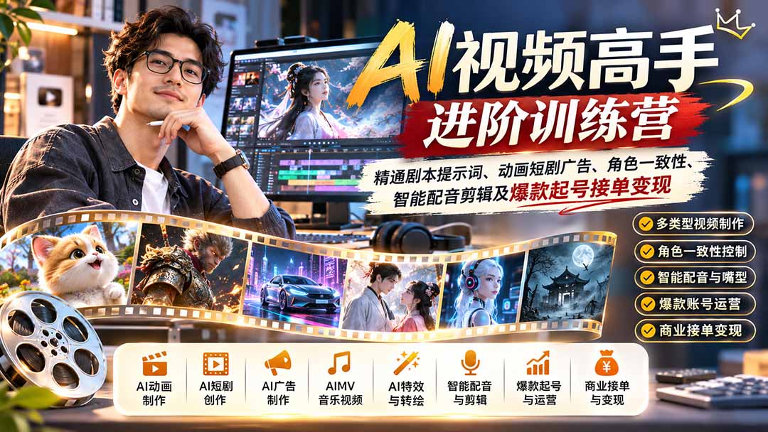 AI视频高手进阶训练营：精通剧本提示词、动画短剧广告、角色一致性、智能配音剪辑及爆款起号接单变现-聊项目