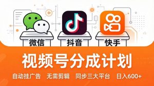 视频号分成计划:发视频自动挂广告,无需剪辑同步三大平台,单号轻松日入600+-聊项目