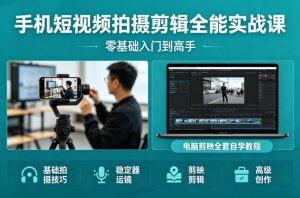 手机短视频拍摄剪辑全能实战课：零基础入门到高手，稳定器运镜+电脑剪映全套自学教程-聊项目