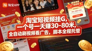 淘宝短视频挂G，一个号一天 賺30-80米，全自动刷视频看广告，脚本全程托管【揭秘】-聊项目