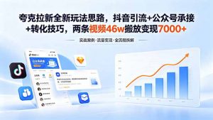 夸克拉新全新玩法思路,抖音引流+公众号承接+转化技巧,两条视频46w搬放 变现7000+-聊项目