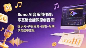 Suno AI音乐创作课:零基础也能做原创音乐!提示词+声音克隆+翻唱+后期,学完接单变现-聊项目