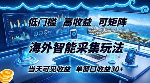海外智能采集玩法，低门槛高单价可矩阵，当天可见收益，单窗口30+-聊项目