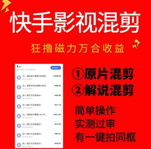 快手影视混剪项目，狂撸磁力万合收益，简单操作，实测过审，有一键拍同框，单日收益500+-聊项目