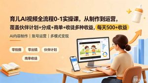 育儿AI视频全流程0-1实操课,从制作到运营,覆盖伙伴计划+分成+商单+收徒多种收益,每天500+收益-聊项目
