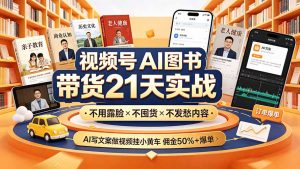 视频号AI图书带货21天实战：不用露脸×不囤货×不发愁内容，AI写文案做视频挂小黄车，佣金50%+爆单-聊项目