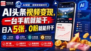 AI头条视频变现，一台手机就能干，日入5张，0粉就能开干-聊项目