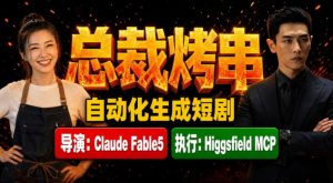 Claude Fable5担任导演+Higgsfield MCP落地执行|《总裁烤串》真人质感短剧全自动AI生成全流程教学-聊项目