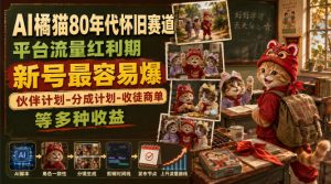 AI橘猫80年代怀旧赛道，平台流量红利期，新号最容易爆，伙伴计划-分成计划-收徒商单等多种收益-聊项目