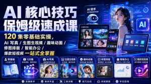 AI核心技巧保姆级速成课｜120集零基础实操，AI写真/生图生视频/趣味动画/修图排版/智能办公/爆款短视频一站式全掌握(更新)-聊项目