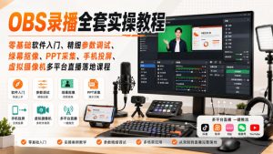 OBS录播全套实操教程｜零基础软件入门、精细参数调试、绿幕抠像、手机投屏、虚拟摄像机多平台直播落地课程-聊项目