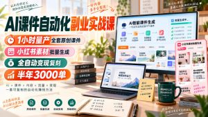 AI课件自动化副业实战课,1小时量产全套原创课件,小红书素材批量生成,全自动变现复刻,半年3000单-聊项目