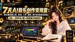AI音乐创作变现营：零乐理掌握工具、歌词、人声、版权、发行及0粉起号变现，50—200元/首+月收益10000+-聊项目