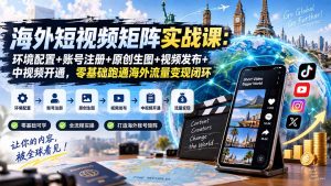 海外短视频矩阵实战课：环境配置+账号注册+原创生图+视频发布+中视频开通，零基础跑通海外流量变现闭环-聊项目