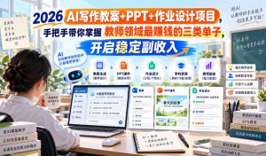 2026 AI写作教案+PPT+作业设计项目，手把手带你掌握教师领域最賺钱的三类单子，开启稳定副收入-聊项目