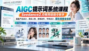 AIGC提示词系统课程，Seedance2.0商用级指令教学，覆盖产品设计、真实人物、表情动作、字体设计、图生视频全场景-聊项目