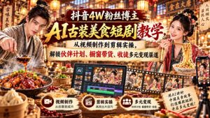 抖音4W粉丝博主AI古装美食短剧教学，从视频制作到剪辑实操，解锁伙伴计划、橱窗带货、收徒多元变现渠道-聊项目