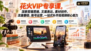花火VIP专享课，深耕剪辑思维、文案表达、素材创作、流量翻倍、账号运营，一站式补齐短视频核心能力-聊项目
