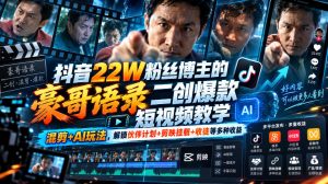 抖音22W粉丝博主的豪哥语录二创爆款短视频教学,混剪+AI玩法,解锁伙伴计划+剪映挂载+收徒等多种收益-聊项目