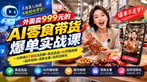 外面卖999元的AI零食带货爆单实战课｜一分钟卖67单玩法拆解+食品选品+AI开箱视频+超市抢购+混剪去重+自然流转化-聊项目